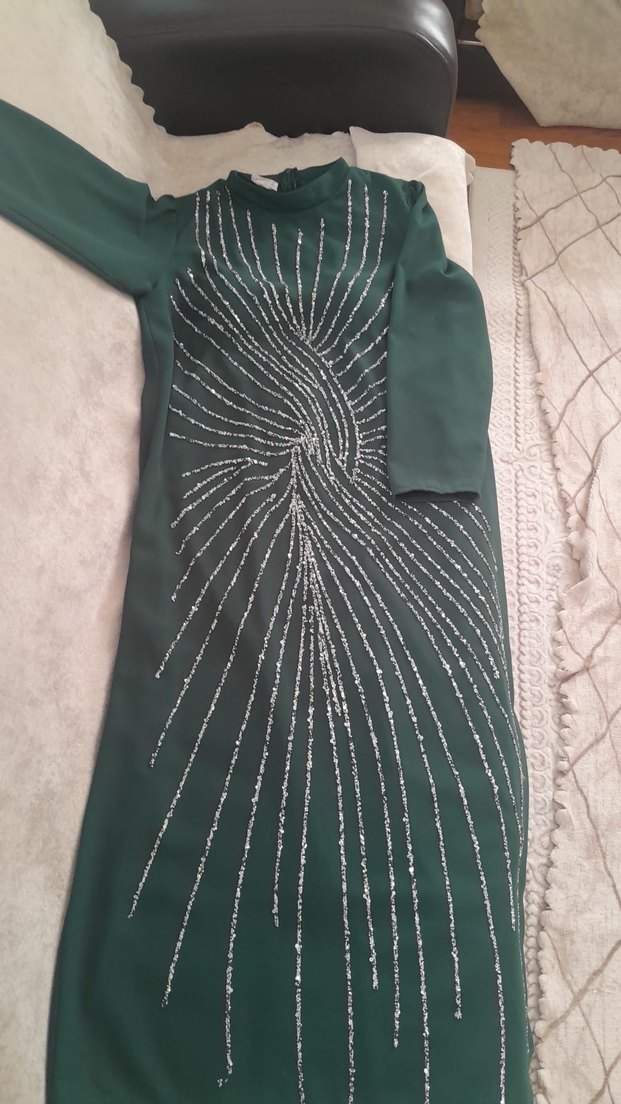 Uzun Kollu, İşlemeli Boncuklu Yeşil Kadın Elbise - Görsel 3