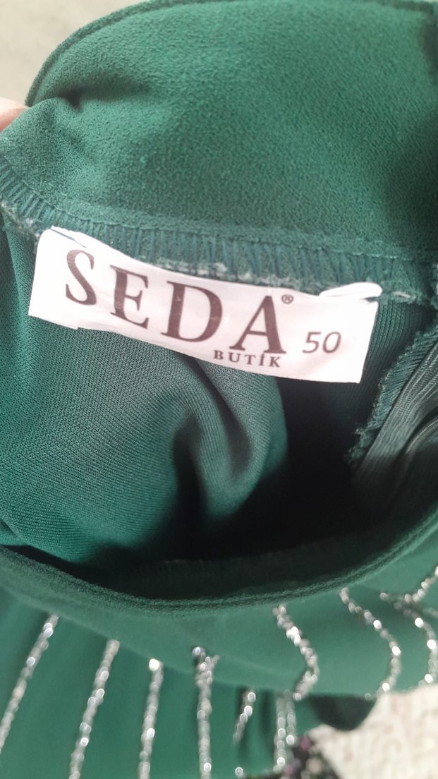 Uzun Kollu, İşlemeli Boncuklu Yeşil Kadın Elbise - Görsel 4