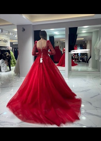 Uzun Kollu Kırmızı İşlemeli Nişan kına Elbisesi - Görsel 4