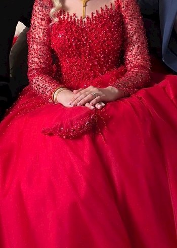 Uzun Kollu Kırmızı İşlemeli Nişan kına Elbisesi - Görsel 3