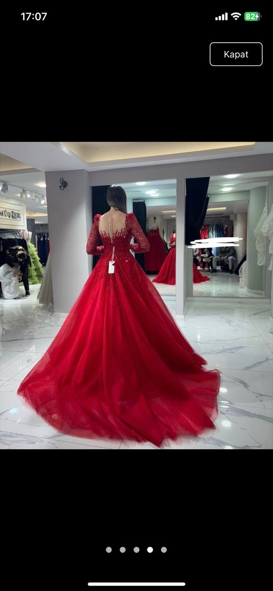 Uzun Kollu Kırmızı İşlemeli Nişan kına Elbisesi - Görsel 4