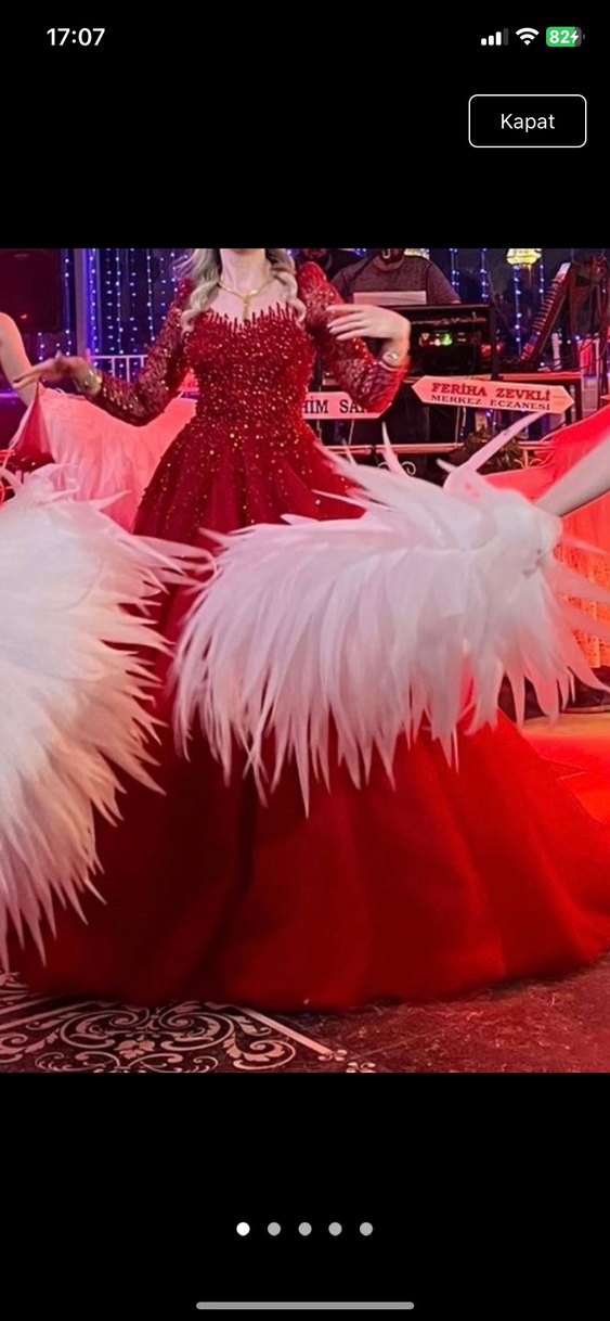 Uzun Kollu Kırmızı İşlemeli Nişan kına Elbisesi - Görsel 2