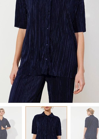 Lacivert Pilili Midi Kadın Kumaş Pantolon takım - Görsel 5