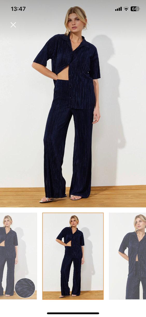 Lacivert Pilili Midi Kadın Kumaş Pantolon takım - Görsel 2