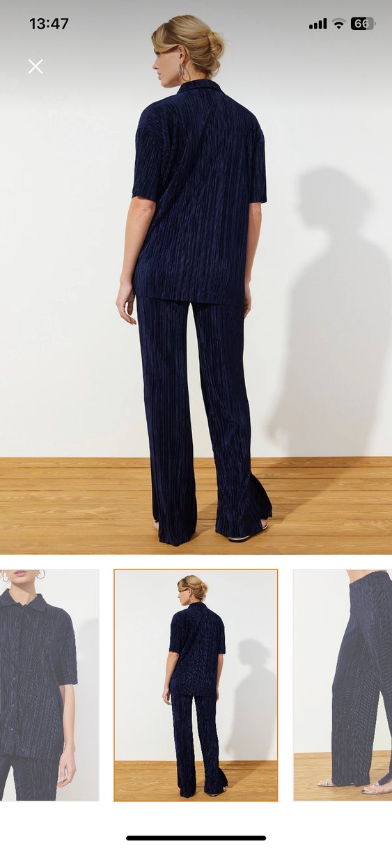 Lacivert Pilili Midi Kadın Kumaş Pantolon takım - Görsel 4