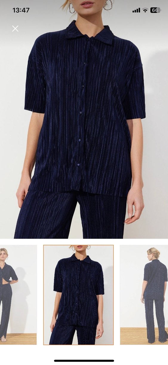 Lacivert Pilili Midi Kadın Kumaş Pantolon takım - Görsel 5