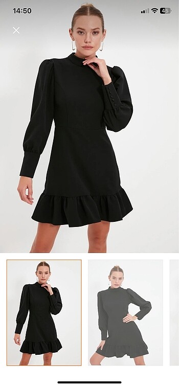Siyah A Kesim Dik Yaka Etegi Büzgülü Mini Dokuma Elbise TWOAW21E