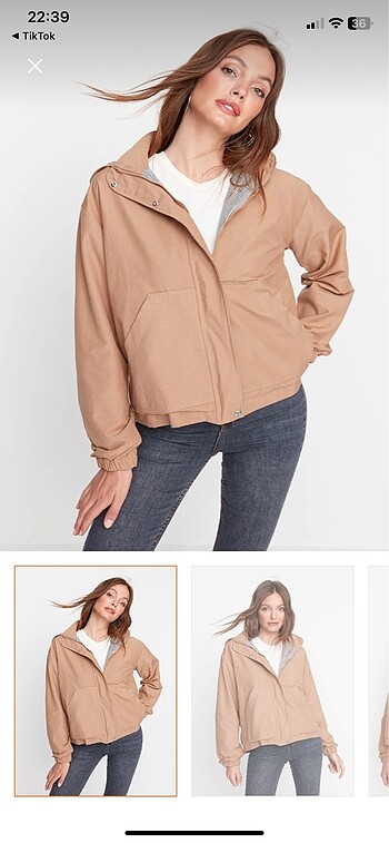 Camel Oversize Kapüsonlu ?Fermuar Kapamali Ceket Mont TWOSS20M00