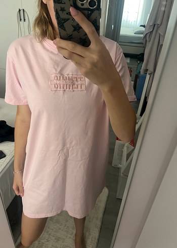 Pembe Baskılı Oversize Tişört Elbise