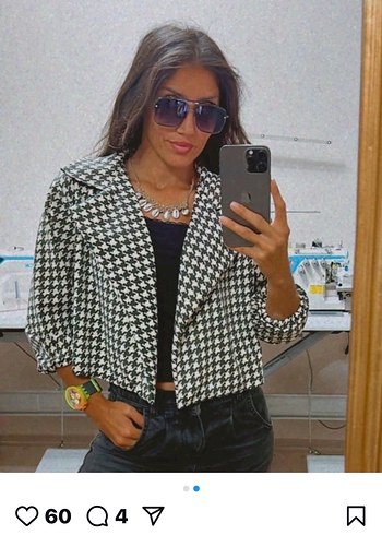Kısa Kesim Gri Kazayağı Desenli Kadın Blazer