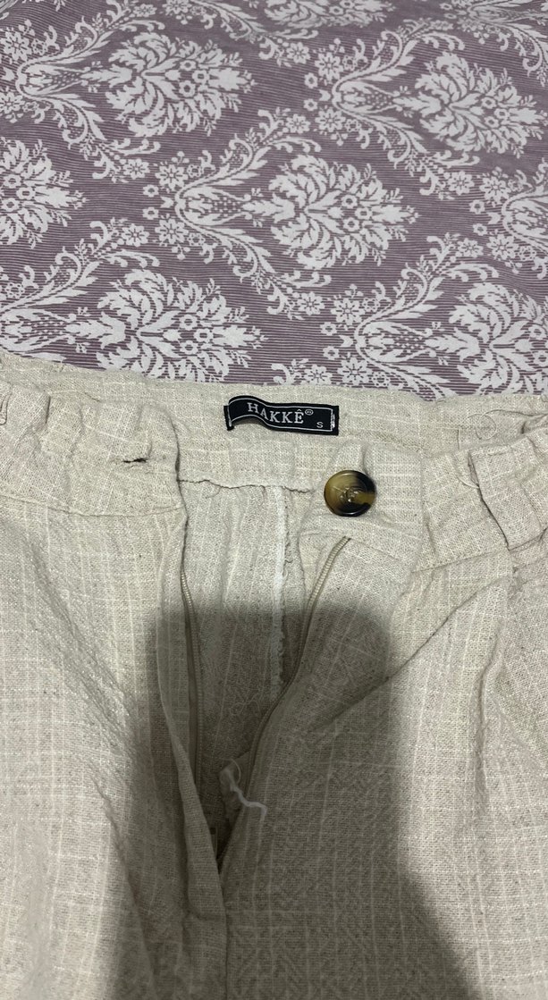 Bej Düğmeli Kadın Keten Pantolon - Görsel 2