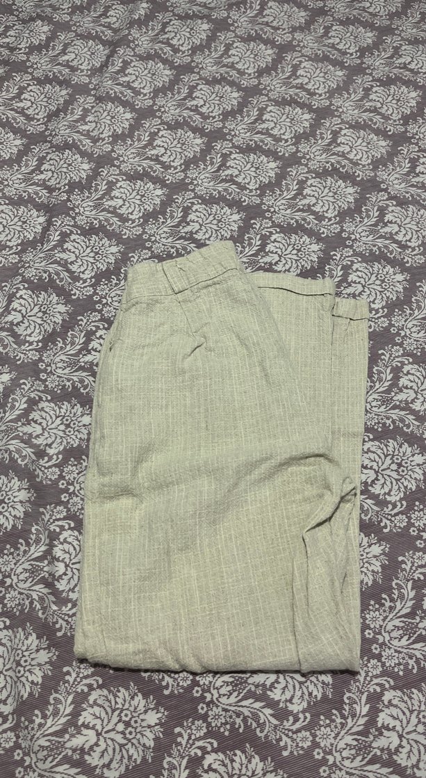 Bej Düğmeli Kadın Keten Pantolon - Görsel 3