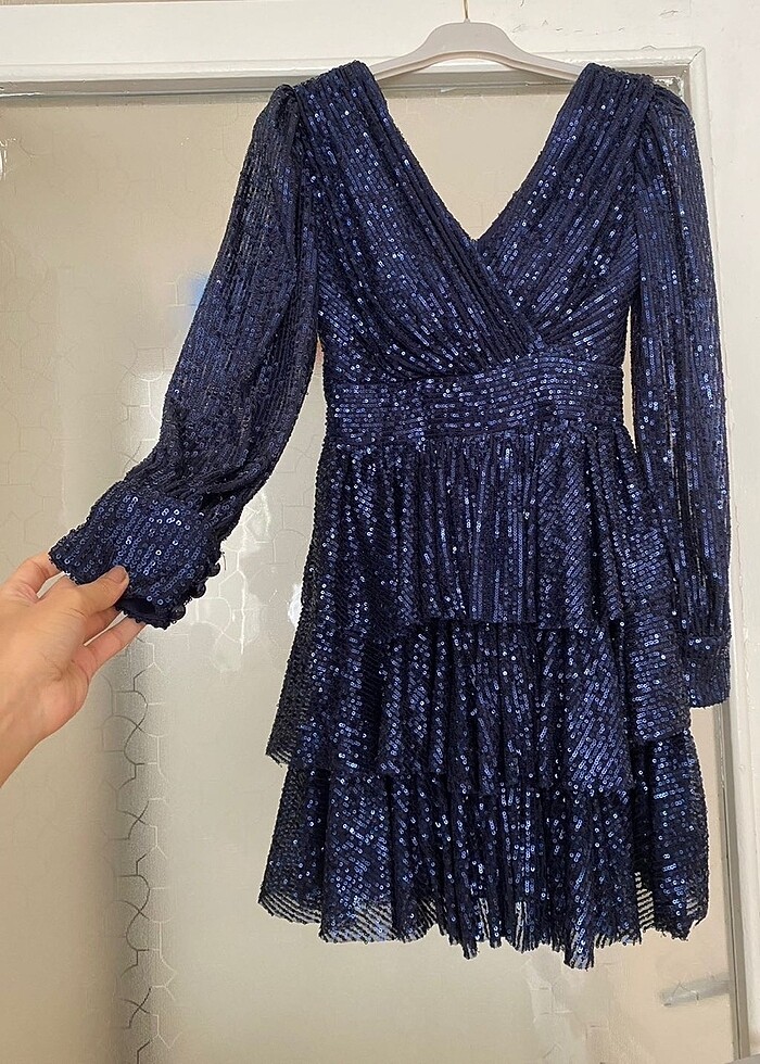 gece elbisesi kısa abiye lacivert payetli - Görsel 2