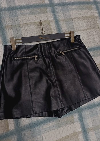 Siyah Deri Mini Şort Etek - Görsel 2