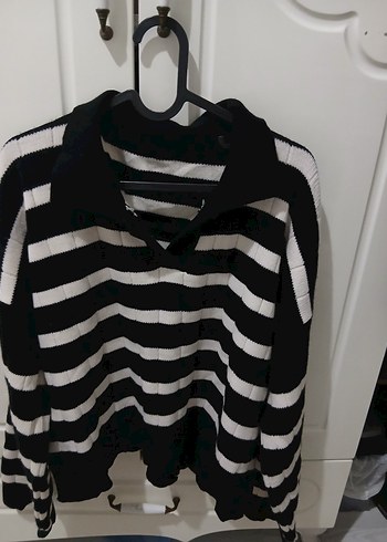 Çizgili Siyah Gri Kadın Triko Kazak - Görsel 2