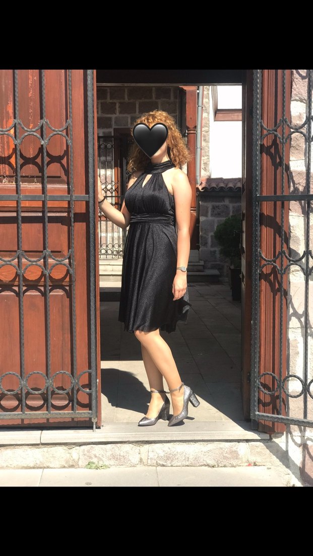 Tokalı Siyah Midi Halter Yaka Mezuniyet Elbisesi - Görsel 2