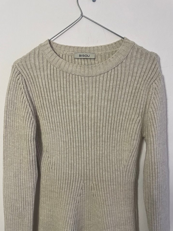 Bej Triko Uzun Kollu Midi Elbise - Görsel 3