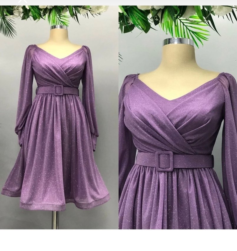 Mor Uzun Kollu Transparan Elbise - Görsel 2