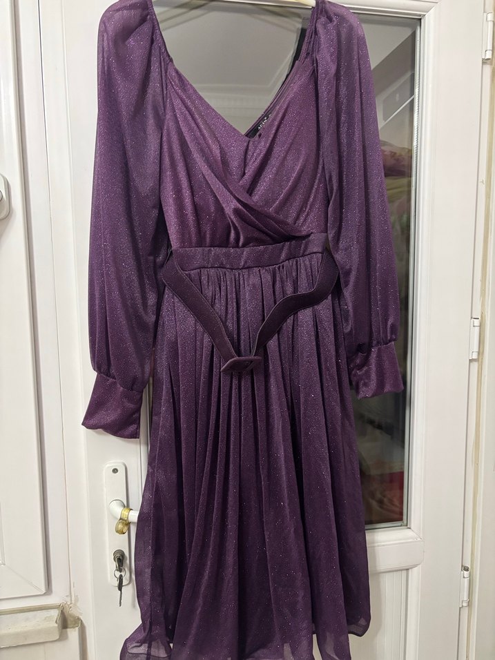 Mor Uzun Kollu Transparan Elbise - Görsel 5