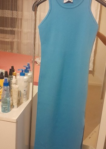 Pastel Mavi uzun elbise yırtmacli - Görsel 3