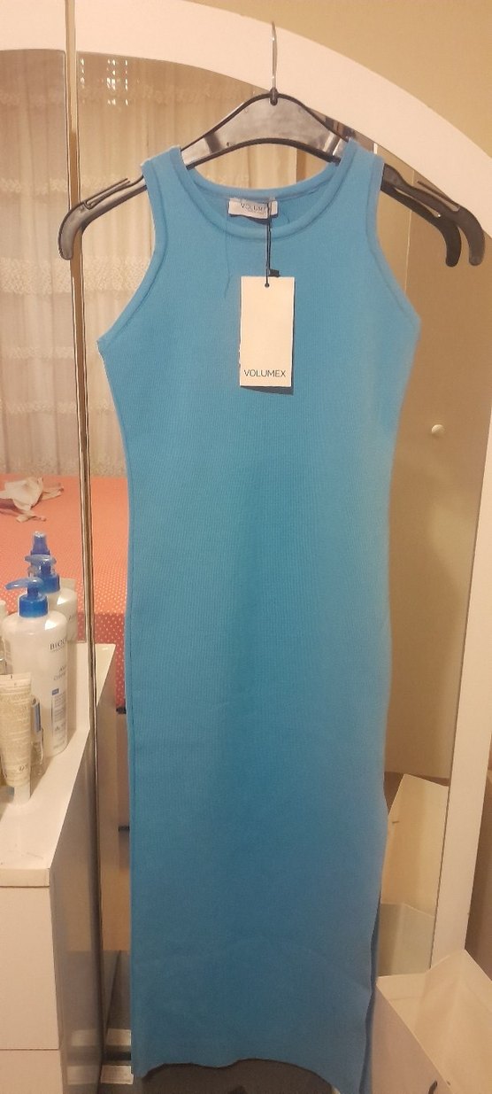 Pastel Mavi uzun elbise yırtmacli - Görsel 2