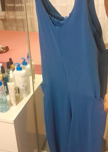 Gevşek Kesim Mavi Keten Hamile Tulum - Görsel 3