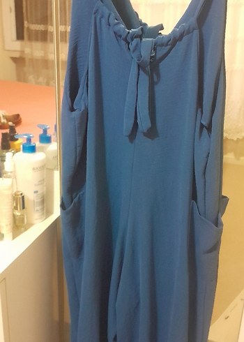 Gevşek Kesim Mavi Keten Hamile Tulum - Görsel 2