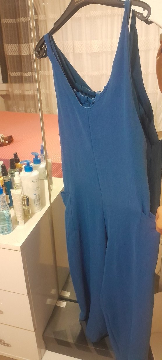 Gevşek Kesim Mavi Keten Hamile Tulum - Görsel 3