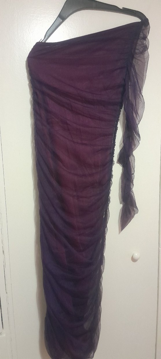 Mor Drapeli Uzun Straplez Gotik Elbise - Görsel 3