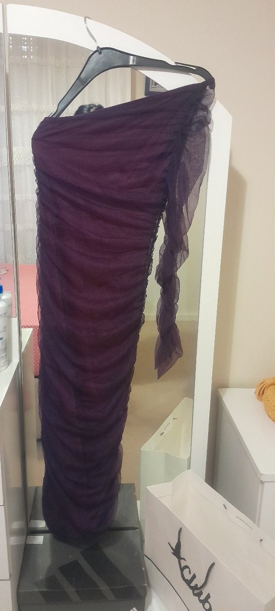 Mor Drapeli Uzun Straplez Gotik Elbise - Görsel 2