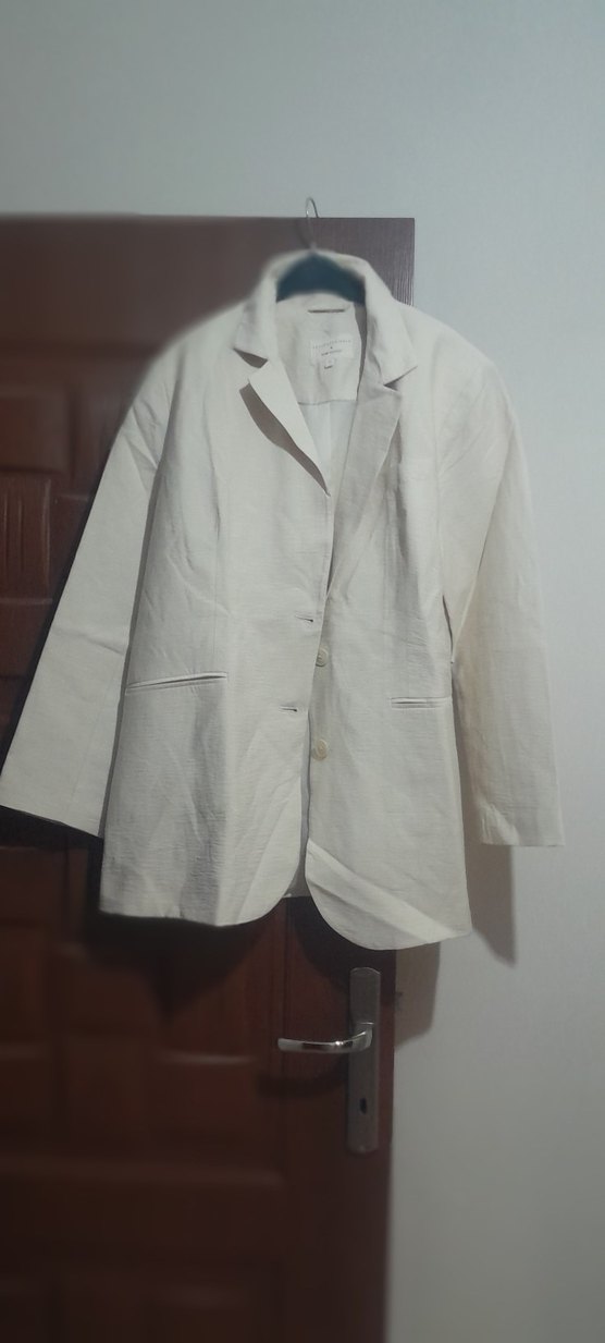 Düğmeli Keten Kadın krem Ceket - Görsel 2