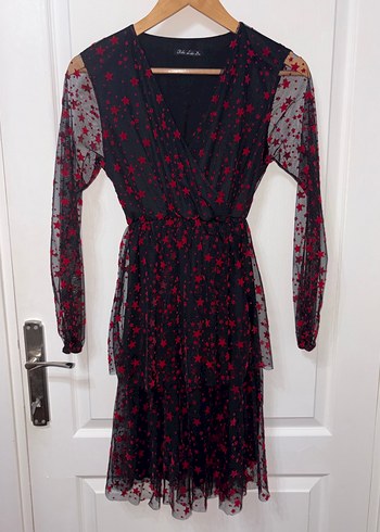 Kırmızı Siyah Fırfırlı Tüllü Elbise - Görsel 3