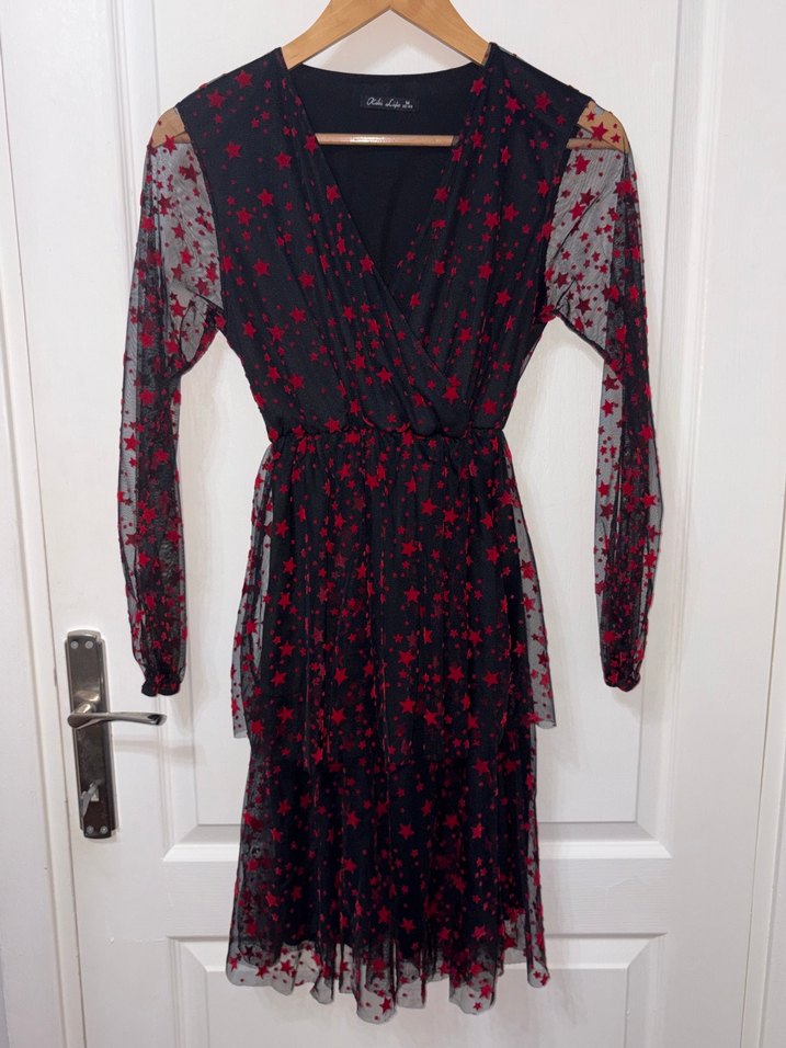 Kırmızı Siyah Fırfırlı Tüllü Elbise - Görsel 3