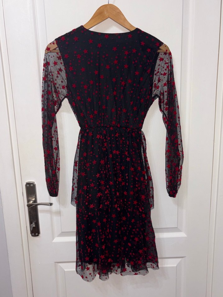 Kırmızı Siyah Fırfırlı Tüllü Elbise - Görsel 4