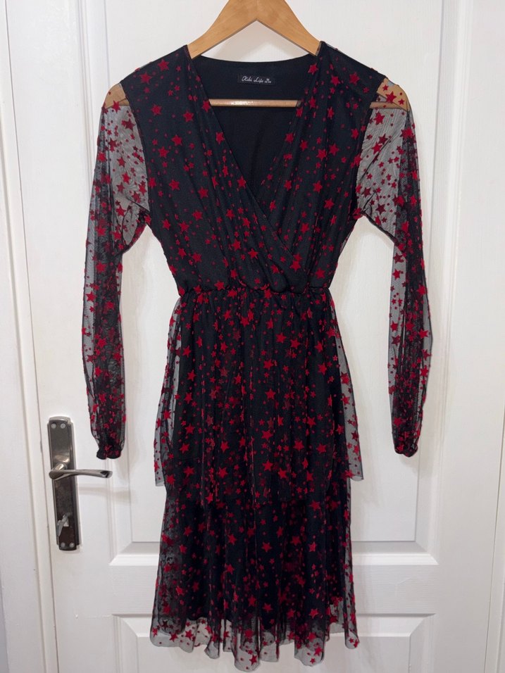 Kırmızı Siyah Fırfırlı Tüllü Elbise - Görsel 2