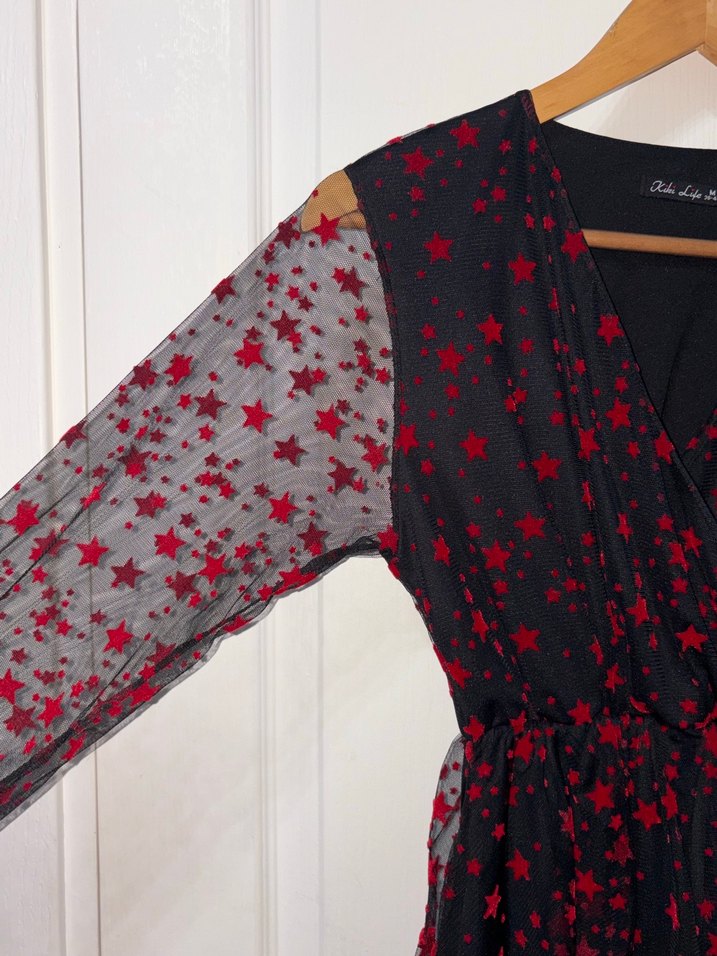 Kırmızı Siyah Fırfırlı Tüllü Elbise - Görsel 5