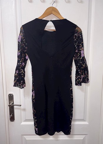 Mor Nakışlı Dantel Uzun Kollu Midi Elbise - Görsel 4