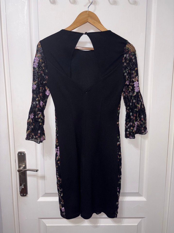 Mor Nakışlı Dantel Uzun Kollu Midi Elbise - Görsel 4