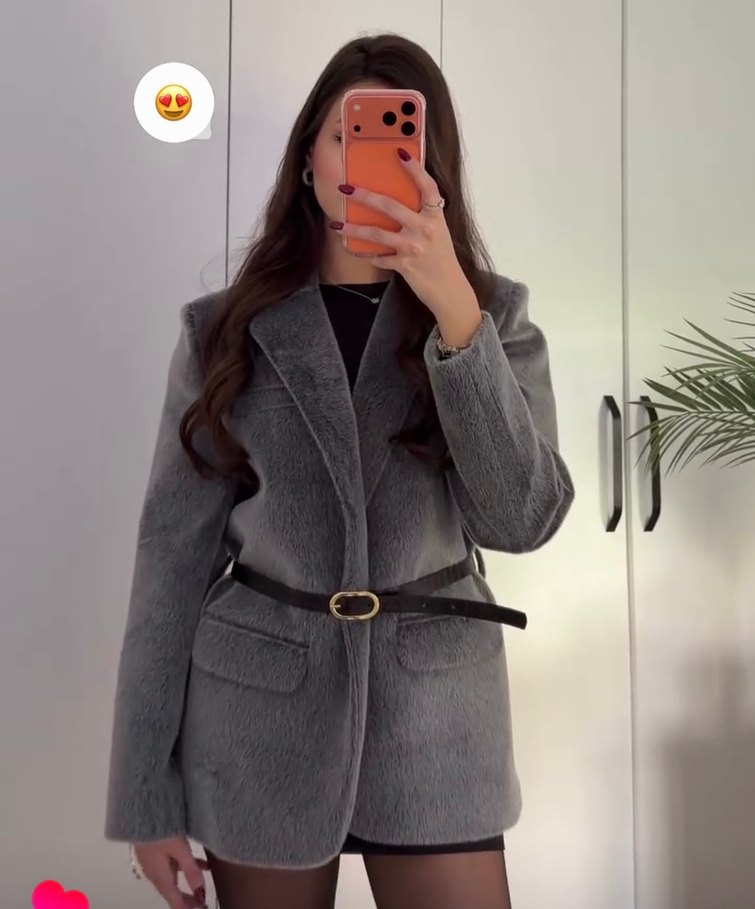 Peluş antrasit kemerli ceket - Görsel 3