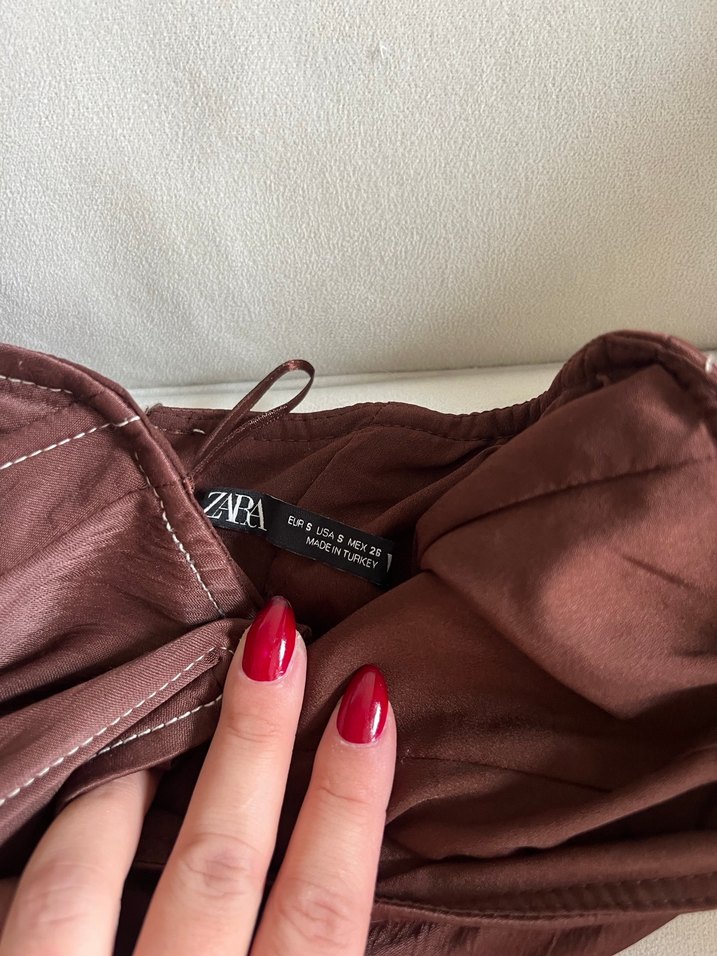 Zara kahverengi saten Elbise - Görsel 2