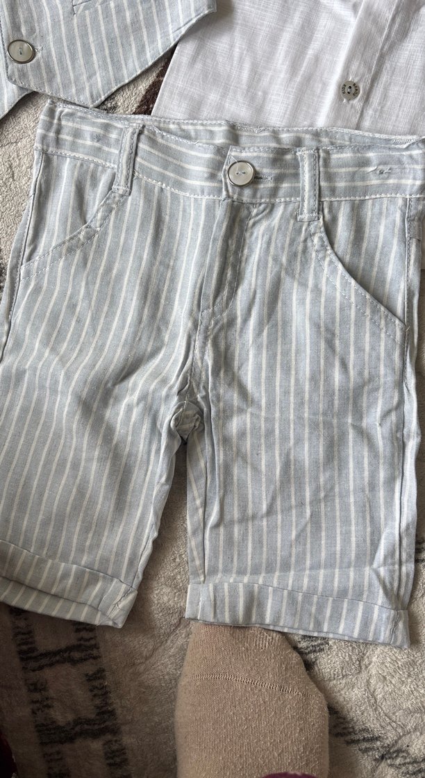 Erkek Bebek Keten Üçlü Takım Gri Çizgili - Görsel 2