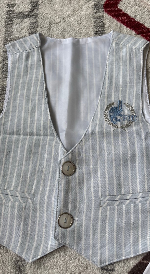 Erkek Bebek Keten Üçlü Takım Gri Çizgili - Görsel 4