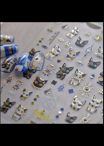 Mavi ve Siyah Kedili Tırnak Sticker nail art - Görsel 4