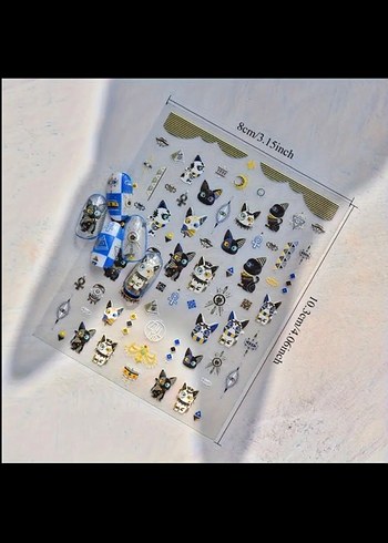 Mavi ve Siyah Kedili Tırnak Sticker nail art - Görsel 2