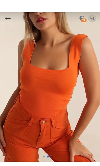 Turuncu kare yara triko bluz crop