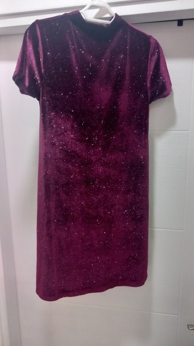 Parlak Bordo Kısa Kollu Midi Elbise - Görsel 2