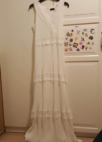 Beyaz  Tiffany keten elbise - Görsel 3