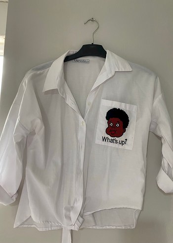 Kadın Beyaz Keten Desenli Gömlek - Görsel 2