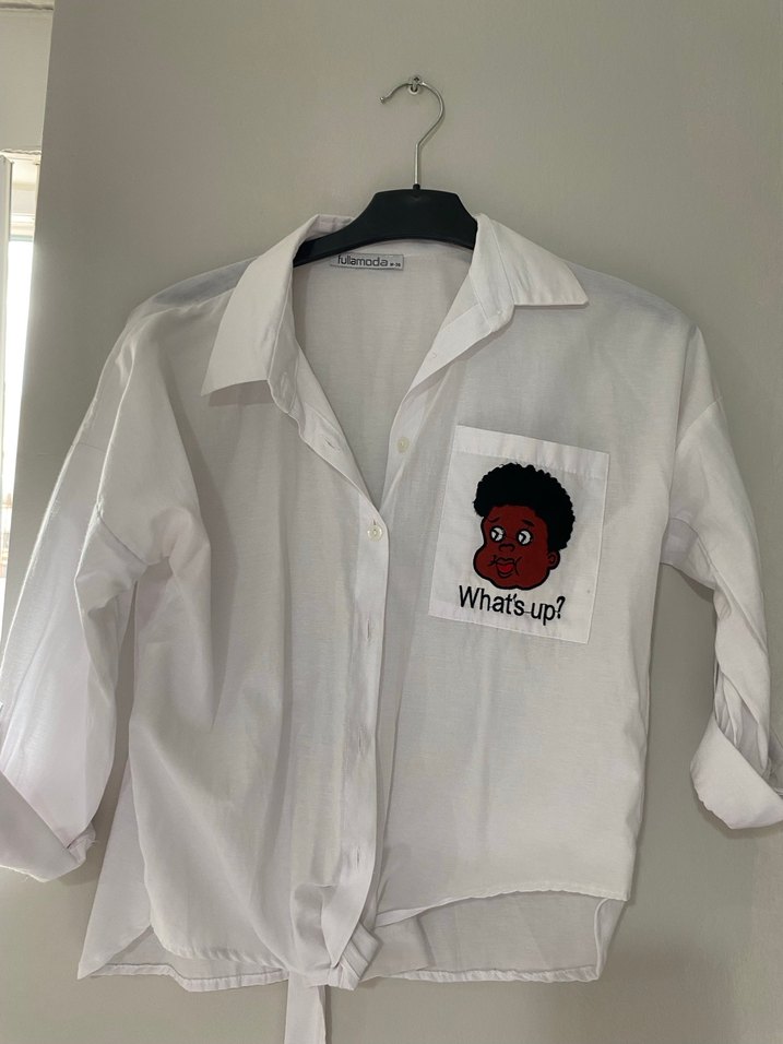 Kadın Beyaz Keten Desenli Gömlek - Görsel 2