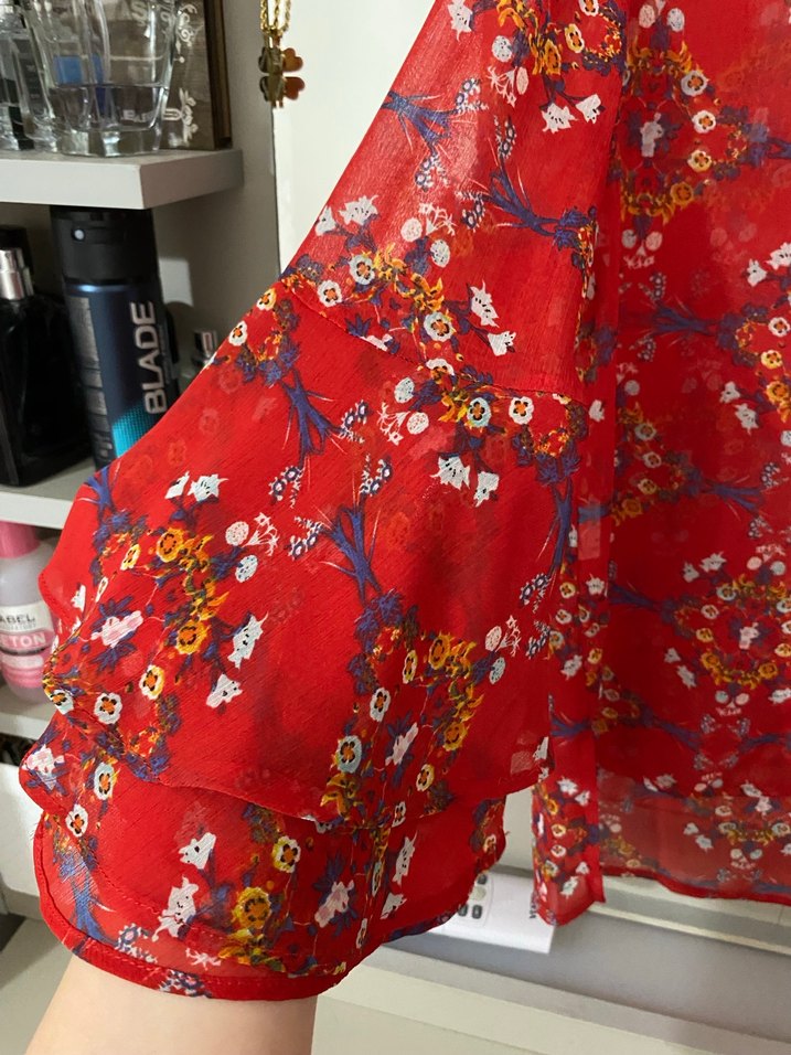 Bohem V Yaka Desenli Uzun Kollu Kadın Bluz - Görsel 3